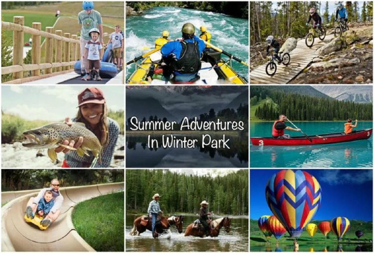 An action-packed scene showing families engaged in various outdoor activities: kayaking on a river, kids enjoying a waterslide, mountain bikers traversing a trail, horseback riders moving through a forest, and a hot air balloon floating overhead. The mountains frame a backdrop of adventure and excitement.