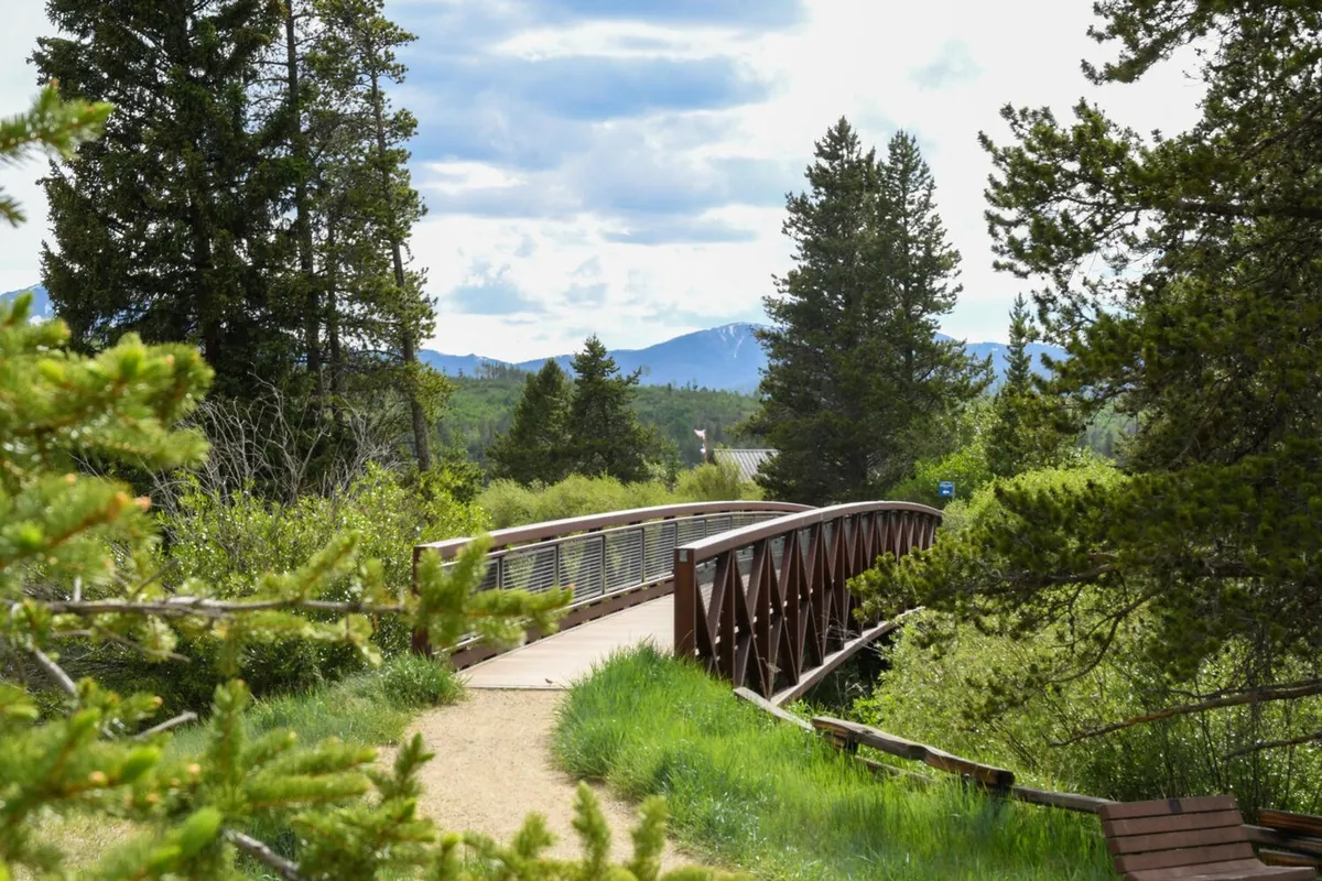 A scenic view of a wooden bridge surrounded by lush greenery and dramatic mountain backdrops, offering a tranquil pathway ideal for hiking, biking, and bird watching.