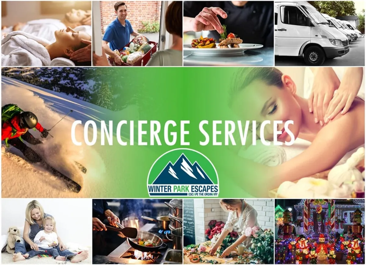 A vibrant montage interior showing a variety of resort-style services: spa treatments, culinary experiences, transportation, family bonding, and adventure sports. The scene conveys a welcoming, high-end service atmosphere.