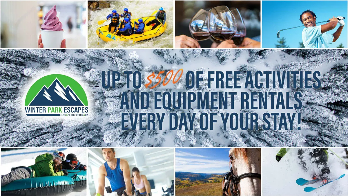 A dynamic collage of activities featuring people enjoying various seasonal outdoor sports such as white-water rafting, skiing, snow tubing, golfing, horseback riding, and sampling ice cream and wine.